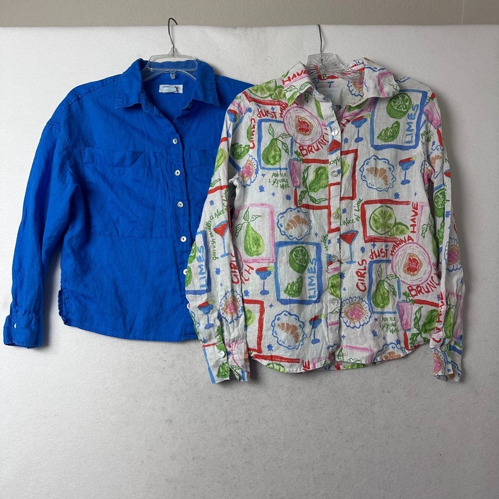 Cynthia Rowley 100% Linen Button Down Shirt Bundle Blue & Brunch Print Small